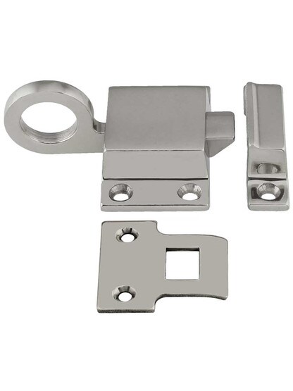 Solid-Brass Transom Window Latch with Box Strike in Polished Nickel.